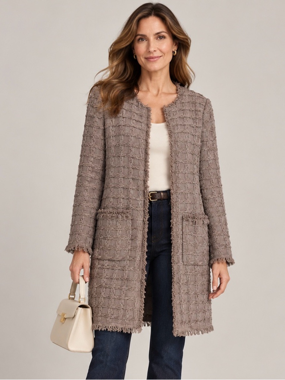 ESCADA Cameo Taupe Textured Fringe Coat Silk Lined EU 36 US 6